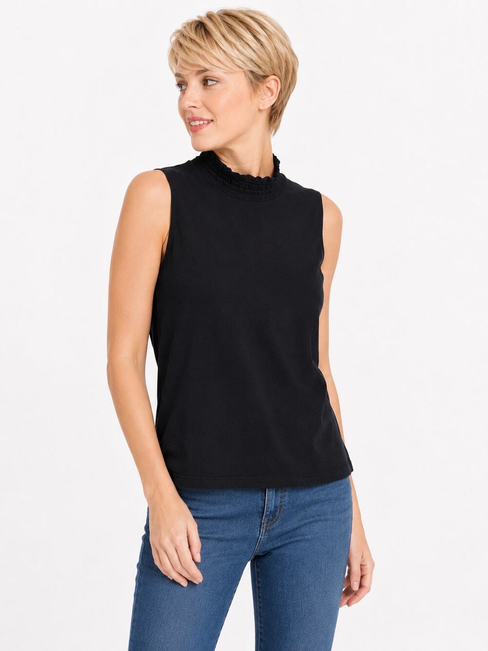 B206 ShuShu Black Sleeveless Mock Neck Knit Top Size L Stretch Classic